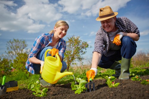 A woman and a man are working together in a garden, planting young green plants into freshly turned dark soil. The woman, wearing a blue plaid shirt and yellow gardening gloves, is leaning forward holding a yellow watering can, preparing to water the plants. The man, dressed in a checked shirt, straw hat, and green rubber boots, is smiling as he uses a small garden fork to loosen soil around the plants. Behind them, the garden features a broad, well-maintained lawn with a mix of green grass and some flowering shrubs in the background, under a partly cloudy sky. This outdoor space appears to be a landscaped backyard or front garden, with a natural, tidy layout that suggests ongoing gardening or outdoor maintenance typical of landscaped London or Haringey gardens. The scene is well-lit by natural daylight, emphasizing the vibrant greenery and natural textures of the garden elements, fitting with professional gardening services such as those offered by Gardening Services Haringey in the local area.